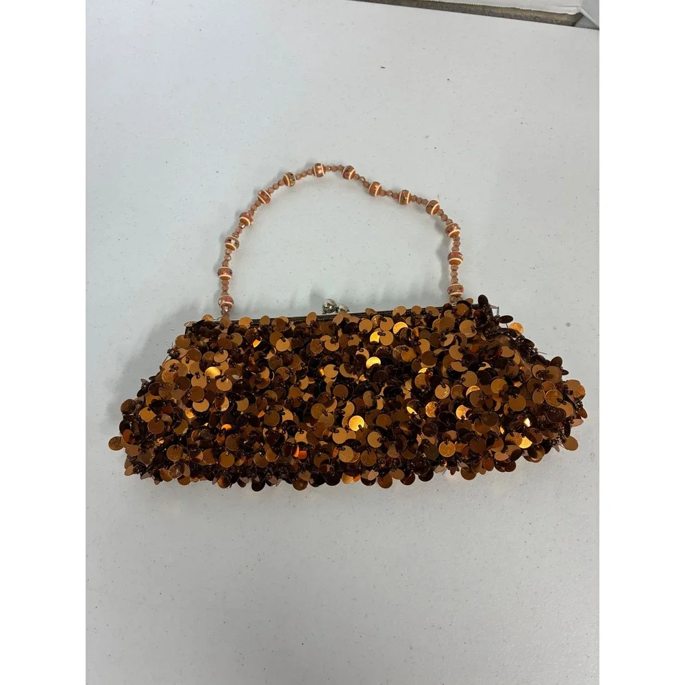 Vintage Copper Sequin Evening Clutch Bag Beaded Handle Bronze Kiss Lock Bag